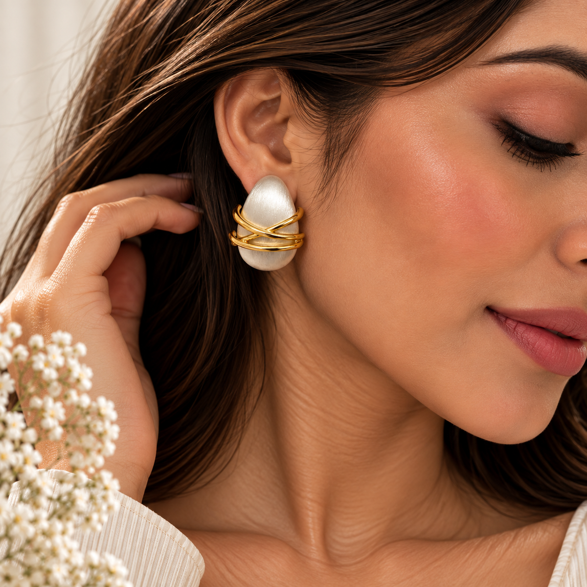 Brushed silver Oval Studs