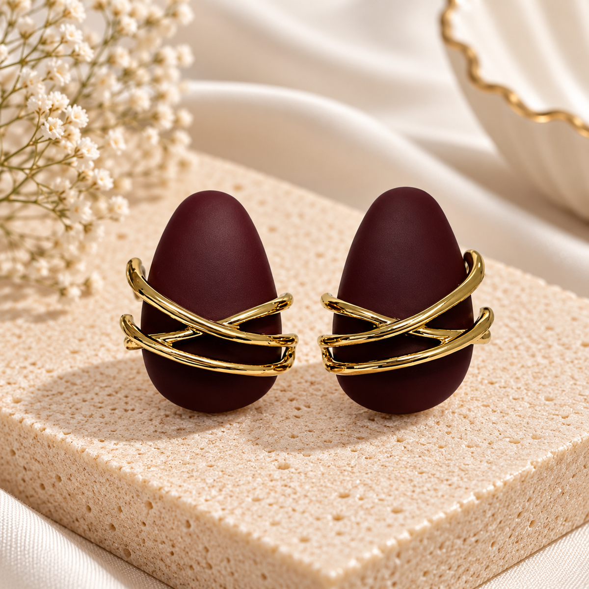 Brushed Maroon Oval Studs