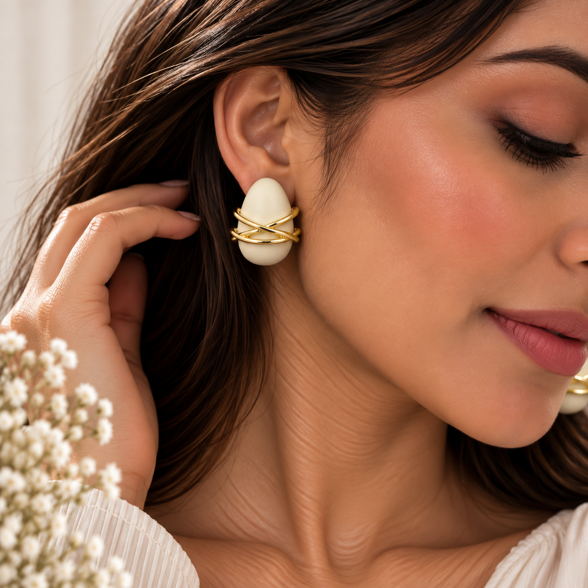 Brushed Beige Oval Studs